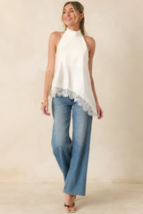 Softly Sophisticated Ivory Lace Asymmetric Halter Top