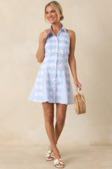 Porch Swing Pretty Light Blue & White Gingham Halter Mini Dress