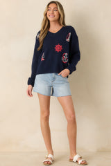 Anchored in Style Navy Multi Knit Nautical V-Neck Sweater
