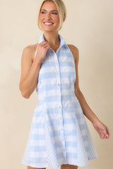 Porch Swing Pretty Light Blue & White Gingham Halter Mini Dress