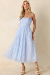 ASTR The Label Lahela Light Blue Stripe Smocked Midi Dress