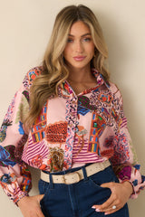 FRNCH Gerbera Pink Multi Salon Print Button Up Blouse