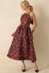 Worth Every Second Red Multi Floral Jacquard Halter Midi Dress