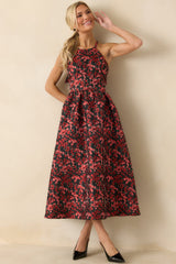 Worth Every Second Red Multi Floral Jacquard Halter Midi Dress