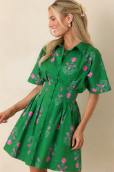 No Timeline Green & Pink Floral Cotton Pleated Mini Shirt Dress
