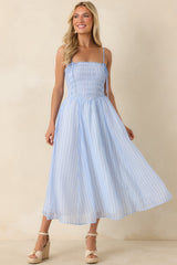 ASTR The Label Lahela Light Blue Stripe Smocked Midi Dress