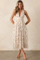 Celebrate With Me Champagne Embroidered Midi Dress