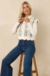 Bloom Baby Bloom Light Blue Floral Knit Scalloped Cropped Vest