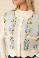 Bloom Baby Bloom Light Blue Floral Knit Scalloped Cropped Vest