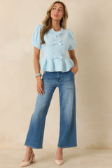 Soft Spoken Sweetness Light Blue Knit Bow Detail Peplum Top
