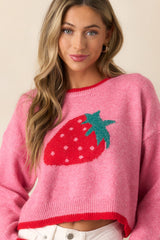 Strawberry Picking Pink Cropped Long Sleeve Sweater