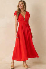 MINKPINK Scarlett Flame Red V-Neck Bead Detail Midi Dress