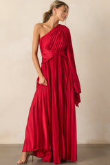 The One I Adore Red One Shoulder Pleated Maxi Dress