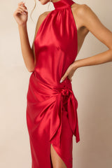 A Night Out Red Satin Halter Neck Maxi Dress