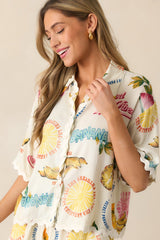 Island Time Ivory Tropical Fruit Print Button Front Top