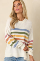 That Tracks Ivory Multi Knit Striped Crewneck Sweater
