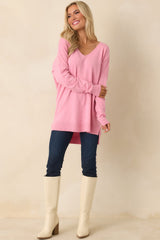 Wind Down Bubblegum Pink Knit Long Sleeve V-Neck Sweater