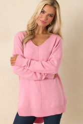Wind Down Bubblegum Pink Knit Long Sleeve V-Neck Sweater