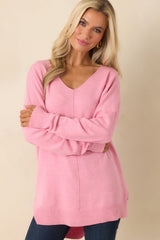 Wind Down Bubblegum Pink Knit Long Sleeve V-Neck Sweater