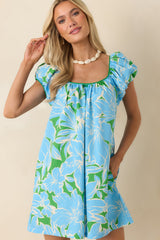 Look Who's Here Blue Floral Cotton Mini Dress