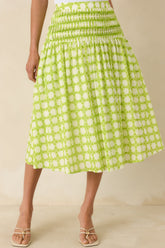 Bright Intentions Chartreuse Printed Cotton Midi Skirt