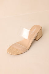 Just For Kicks Clear Natural Raffia Block Heels