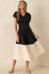 Stark Differences Black & Ivory Contrast Pleated Midi Dress