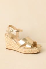 Glow With Every Step Gold Metallic Faux Leather Espadrille Wedge Sandals