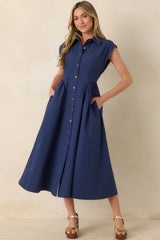 The Good Life Navy Cotton Button Front Midi Dress