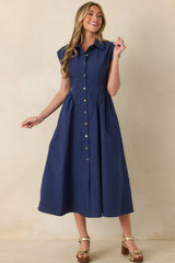 The Good Life Navy Cotton Button Front Midi Dress