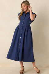 The Good Life Navy Cotton Button Front Midi Dress