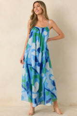 FRNCH Andaman Blue Multi Floral Cotton Silk Sleeveless Maxi Dress