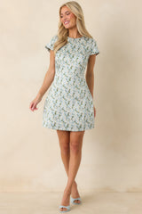 Petals on the Promenade Light Blue & White Floral Jacquard Mini Dress