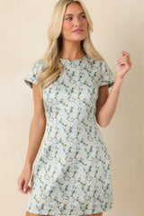 Petals on the Promenade Light Blue & White Floral Jacquard Mini Dress