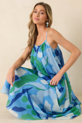 FRNCH Andaman Blue Multi Floral Cotton Silk Sleeveless Maxi Dress
