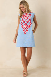 Art of Adventure Blue Heather Appliqué Mini Shift Dress