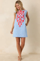 Art of Adventure Blue Heather Appliqué Mini Shift Dress