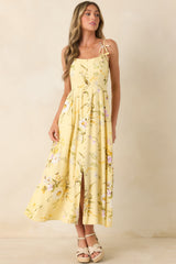 A Dash of Sunshine Yellow Multi Floral Print Bow Accent Strap Midi Dress