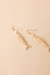 Reel Romance Gold & Pearl Fish Drop Earrings