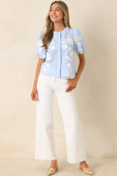 Just Enough Charm Blue Stripe Floral Embroidered Top