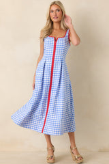 Pack the Film & Sunscreen Blue Gingham Contrast Trim Midi Dress