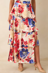 Flourish and Flow Ivory & Red Multi Floral Print Tiered Maxi Skirt