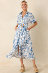Springtime Splendor White & Blue Floral Belted Midi Dress