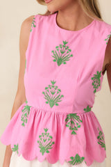 Drift Into Daylight Pink & Green Embroidered Cotton Peplum Top