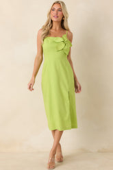 Can't Miss This Chartreuse Linen Blend Floral Appliqué Midi Dress