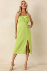 Can't Miss This Chartreuse Linen Blend Floral Appliqué Midi Dress