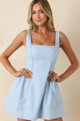 MINKPINK Ines Baby Blue Cotton Linen Square Neck Mini Dress