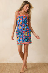 Paradisa Thira Blue Mediterranean Tile Print Linen Blend Mini Dress