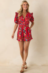 Adventurous at Heart Red Multi Linen Blend Floral Romper