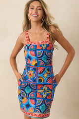 Paradisa Thira Blue Mediterranean Tile Print Linen Blend Mini Dress